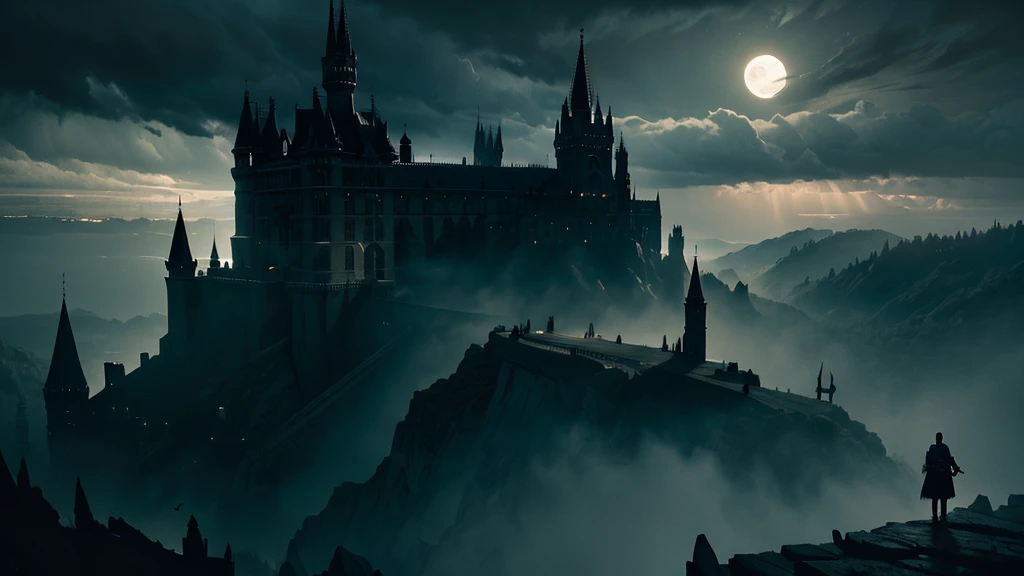 a dark fantasy scene, dramatic moody lighting, ornate castle on a cliff, fog swirling around, ghostly figures in the distance, dark clouds in the sky, full moon, dramatic atmosphere, intricate details, cinematic composition, muted color palette, gothic architecture, dramatic lighting and shadows, highly detailed, masterpiece, photorealistic, 8k