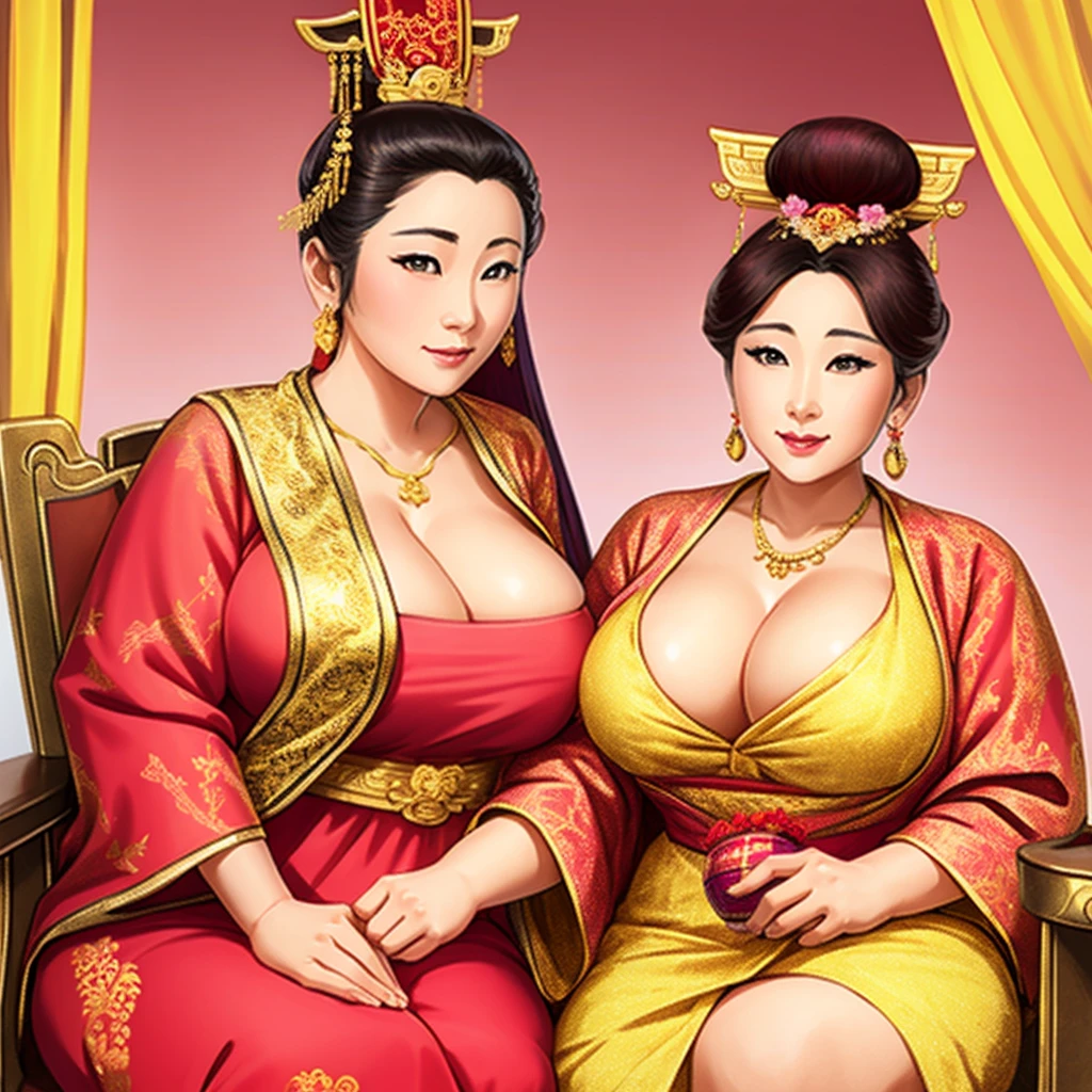 The 50-year-old beautiful empress dowager of ancient China in Asia wore a luxurious red brocade robe，golden bun，There are crow’s feet at the corners of the eyes，The gourd-like body reveals that she is a mature woman with many years of experience.，ample waist，A chubby figure with big natural sagging breasts sitting upright on a golden dragon chair，There is also a maid beside you, serving you gracefully and luxuriously.，Dignified but not coquettish， Hand holding female red panties