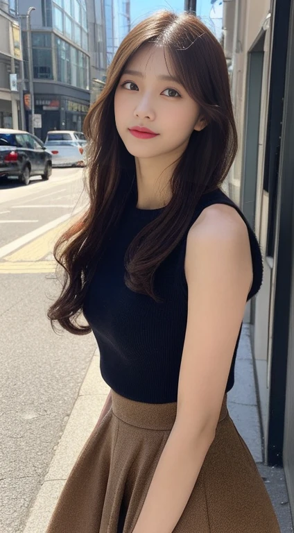 ((top-quality、8k、masterpiece:1.3))、sharp focus:1.2、Beautiful Women in Perfect Style:1.4、Slender Abs:1.2、((dark brown hair、a short bob、small tits:1.2))、(natural soft light、City Street:1.1)、(Front view View viewer:1.5)、Highly detailed facial and skin texture、A detailed eye、double eyelid、Women's Ana Style Makeup, Officelady、pantyhose、squatting, ((Sleeveless 1.5、long skirt)), Perfect and beautiful face, Blur the background, Ginza, out
