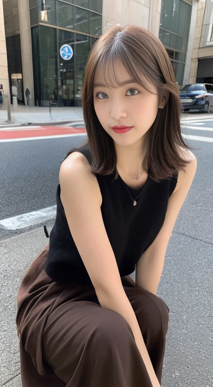 ((top-quality、8k、​masterpiece：1.3))、sharp focus：1.2、Beautiful Women in Perfect Style：1.4、Slender Abs：1.2、((dark brown hair、a short bob、small tits：1.2))、(natural soft light、City Street:1.1)、(Front view View viewer:1.5)、Highly detailed facial and skin texture、A detailed eye、double eyelid、Women's Ana Style Makeup, Officelady、pantyhose、squatting, ((Sleeveless 1.5、long  skirt)), Perfect and beautiful face, Blur the background, Ginza, out