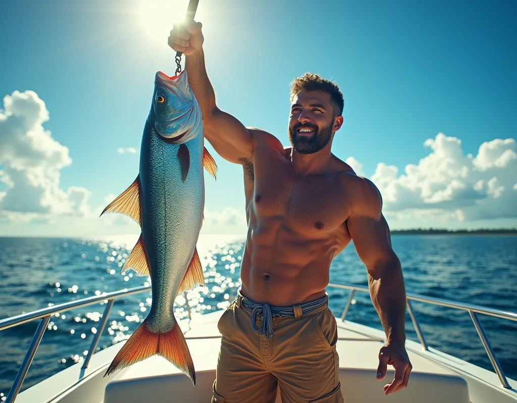A strong man with a tan, fishing, huge fish, on the cruiser, the dazzling summer sun, the blue sky,