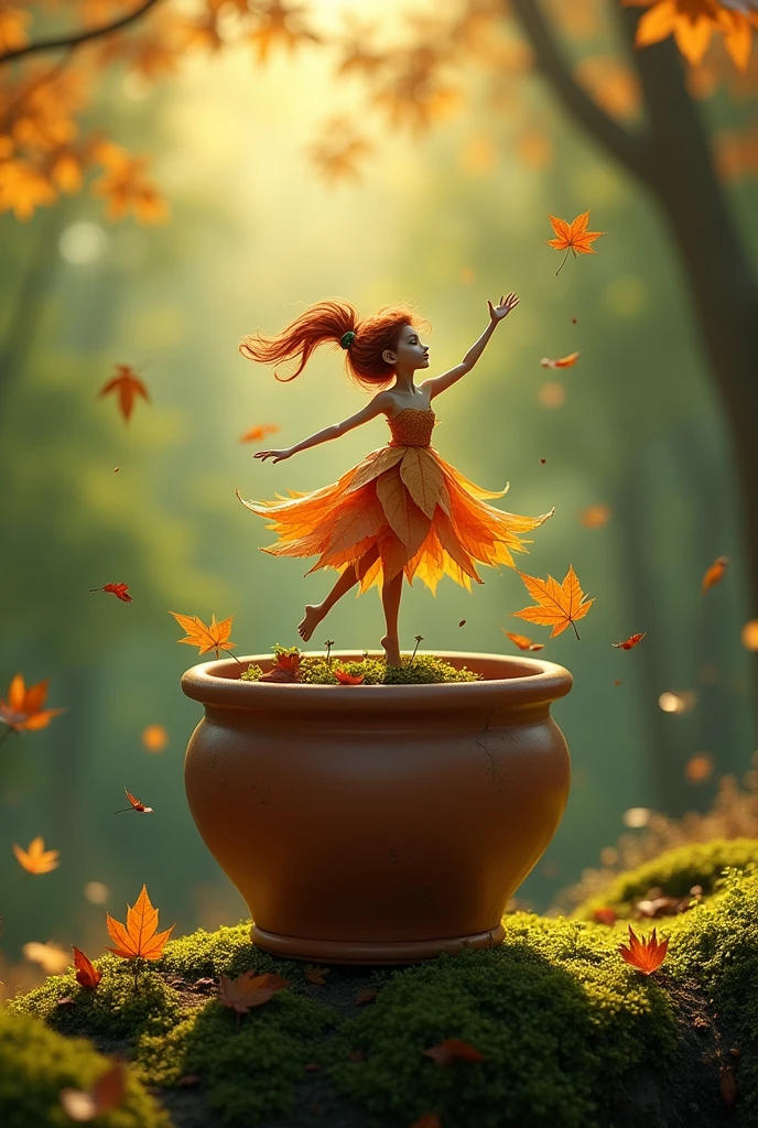 A whimsical miniature figure composed of delicately arranged autumn leaves, poised in a carefree dance on the rim of a weathered, moss-covered terracotta pot, set against a lush, vibrant forest backdrop, where dappled sunlight filters through the canopy above, casting intricate shadows. The overall aesthetic is ethereal, with warm, earthy tones of sienna, umber, and olive green, infused with hints of emerald and golden light, evoking a sense of wonder and enchantment, as if plucked from a fantastical realm.
Prompt 2A human like figure rinade of leaves dancing on a pot, forest rain background