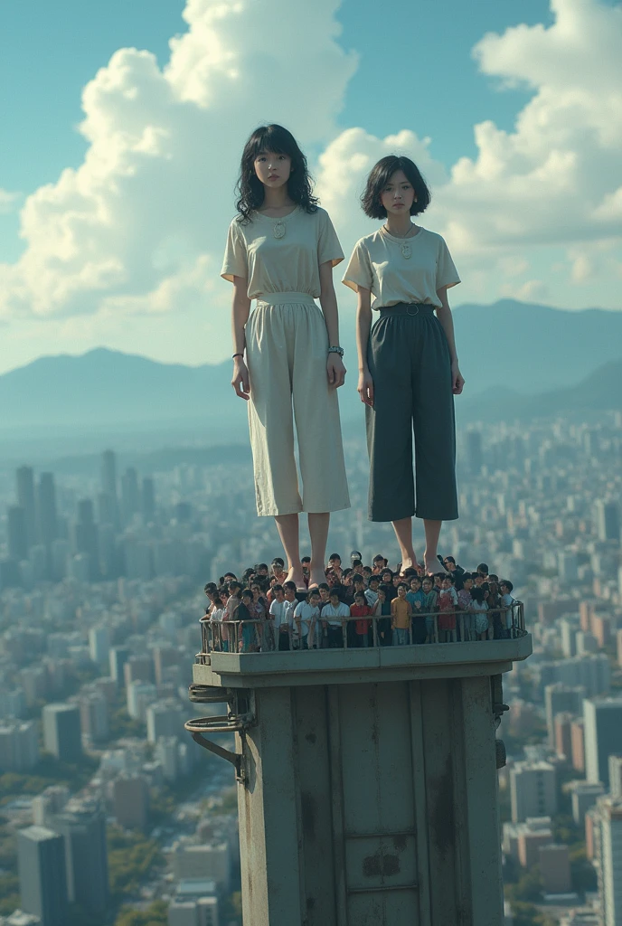 Two naked Japanese mature women standing on a steel tower 3000m above the ground, ages 53 and 65, with a drunk look, black hair, wavy long hair, short bob, many spectators, high resolution, photo quality,
