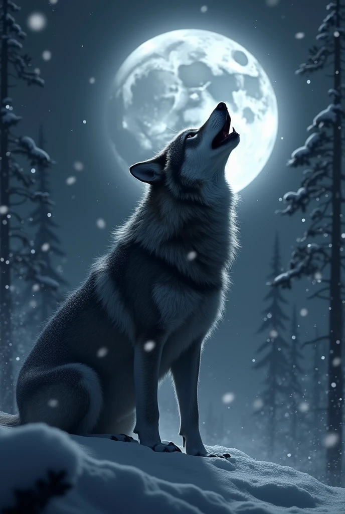 A  wolf at moon night was barking while black snow falling
