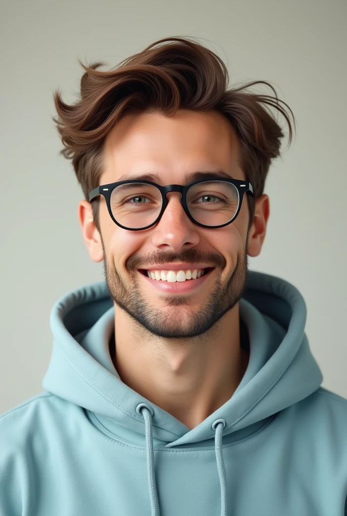 A brown-haired man with a sweet face and wearing glasses and a light blue hoodie.