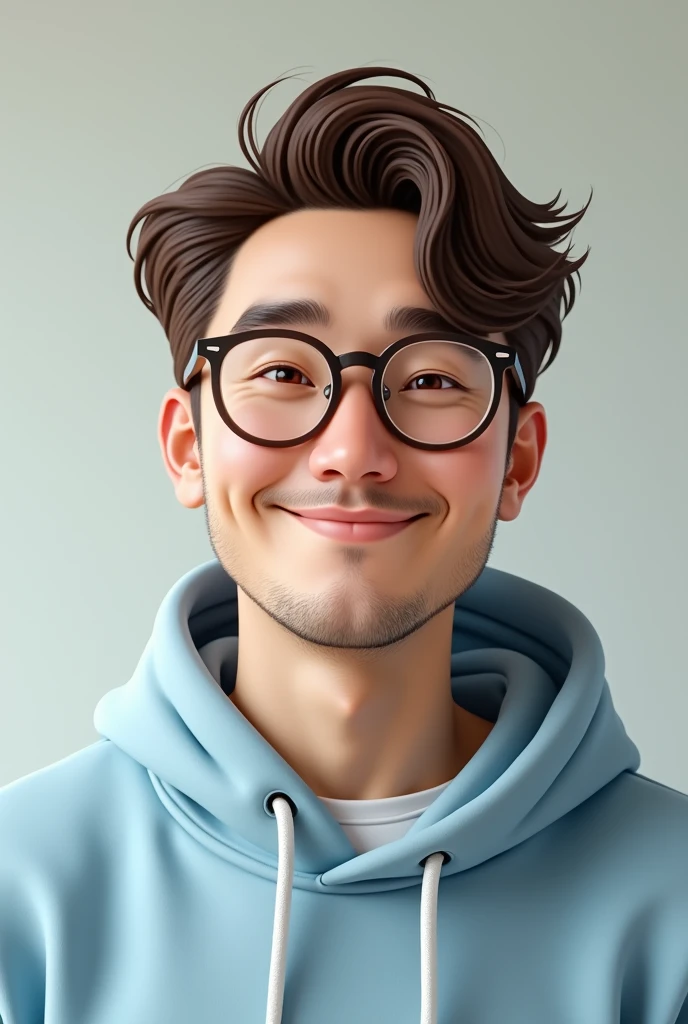 A brown-haired man with a sweet face and wearing glasses and a light blue hoodie. 