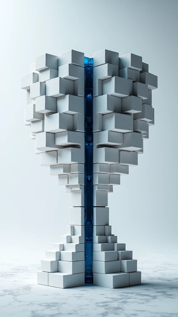 Trophy shape made of small cubes，Dark blue strip，Sense of space，Mosaic，The art of math