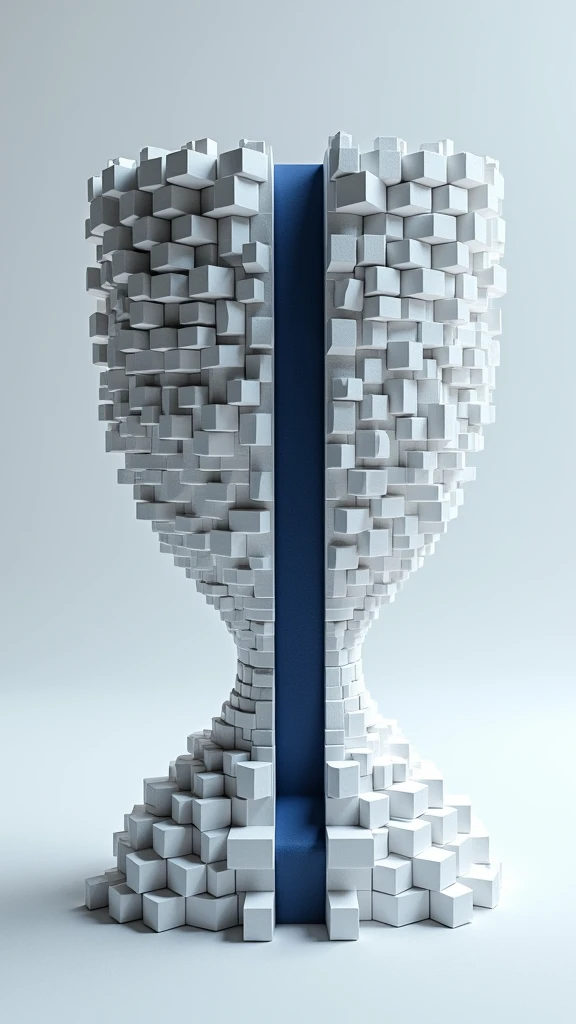 Trophy shape made of small cubes,Dark blue strip,Sense of space,Mosaic,The art of math