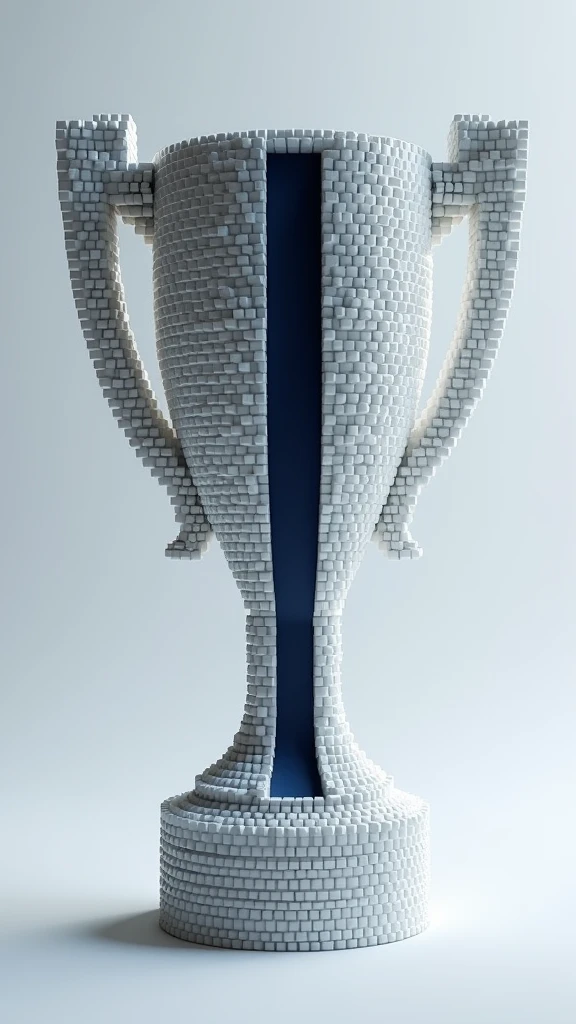 Trophy shape made of small cubes,Dark blue strip,Sense of space,Mosaic,The art of math