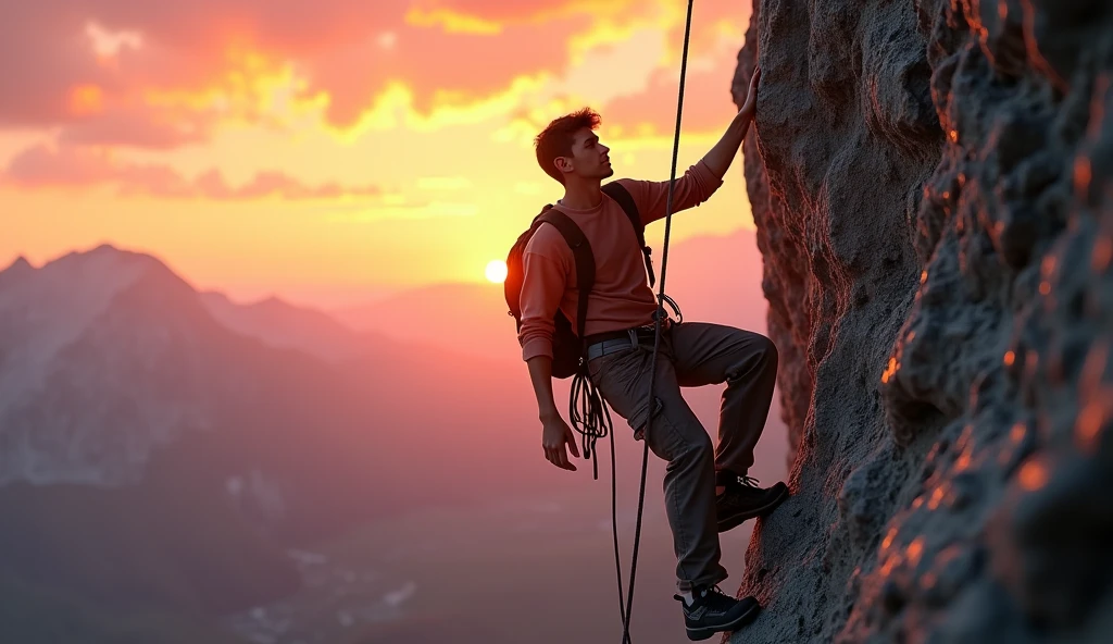 a young man, long shirt, long cargo pants, rock climbing, single rope, backpack, safety harness, climbing shoes, full body, climbing high steep cliff, sunset background, highly detailed, ultra-realistic, 8k, photorealistic, sharp focus, vivid colors, studio lighting, physically-based rendering, professional painting