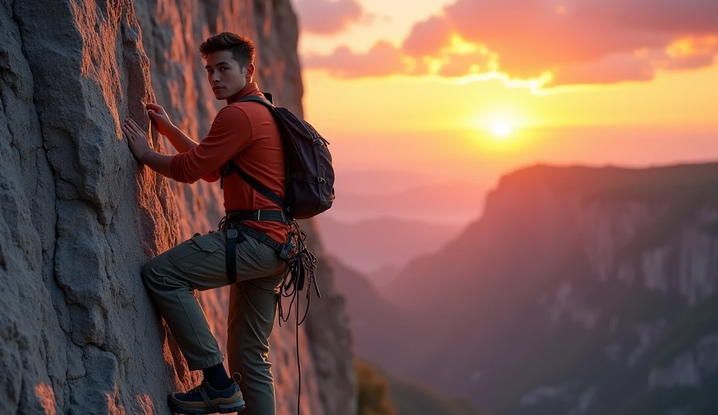 a young man, long shirt, long cargo pants, rock climbing, single rope, backpack, safety harness, climbing shoes, full body, climbing high steep cliff, sunset background, highly detailed, ultra-realistic, 8k, photorealistic, sharp focus, vivid colors, studio lighting, physically-based rendering, professional painting