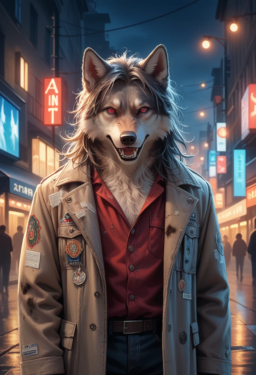 score_9, score_8_up,score_7_up, masterpiece, best quality, perfect anatomy, very aesthetic, official art, 8k, (best detail, high quality), fluffy wolf, Walk around the city, (night, bright lights, urban environment), (dynamic framing, ferocious facial expression, dirty hair), (bright red eyes, detailed coat), (colorful spots, wet streets), (Focus on the wolf&#39;head), (bright accent on the eyes).