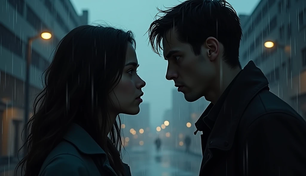 Conflict Scene: Transition to a darker, more emotional tone as Ava reveals that she’s moving away. The rain becomes heavier and more intense, mirroring their emotions. Use contrasting lighting and shadows to heighten the tension as Noah reacts to the news, culminating in an emotional embrace in the rain.