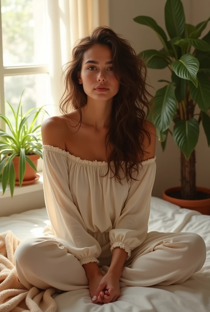 (photorealism:1.2), beautiful woman, sitting on bed, wearing loose off-shoulder top, pajama pants, long curly hair, indoors, soft lighting, plants in background, window with sunlight, cozy room, relaxed pose, realistic, intricate details, warm colors, by Greg Rutkowski, by Alphonse Mucha