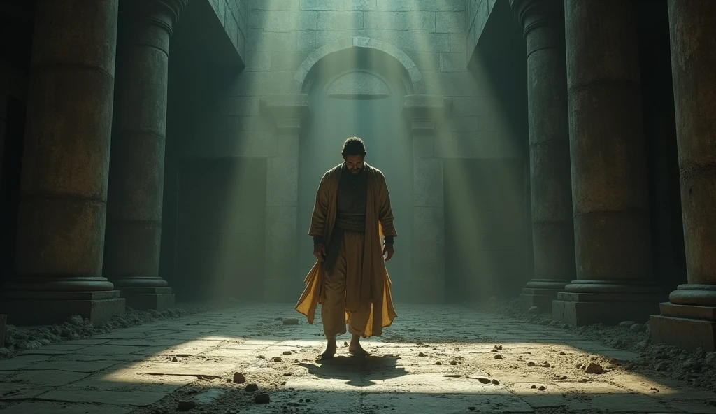 /imagine prompt: 3D, personality: [Illustrate Arjun's realization of the curse as he looks around in horror, understanding the danger he is in. His expression changes to panic when he turns to find the stone door crashing shut behind him]unreal engine, hyper real --q 2 --v 5.2 --ar 16:9