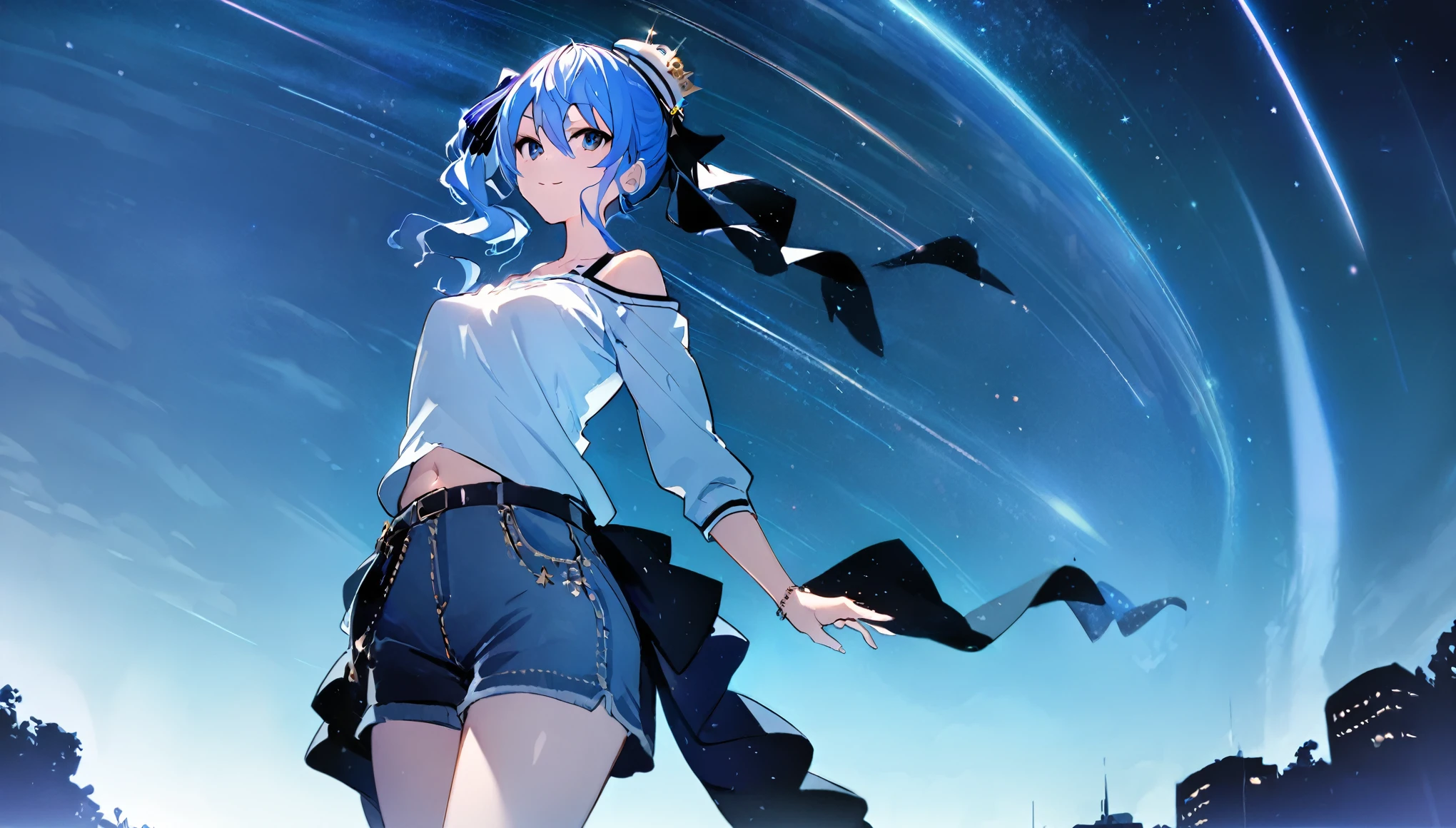 (8k、Best image quality、highest quality、masterpiece)、Detailed face、 1girl、Blue Hair、Long Hair、sideponytail、dark_blue_eyes、smile,(navel:0.6),Moderate_torso、small_breasts,((White T-shirt))、Off the shoulder、Black shoulder straps、(open_front_denim_short_shorts:1.2)、Shoot from below、City Background, starry_sky_landscape ,hoshimachi suisei, slender,(covered_nipples:0.3), (belly button:1.2),nihil,solo,stargaze,girl_looking_up_sky,(abs:0.6)