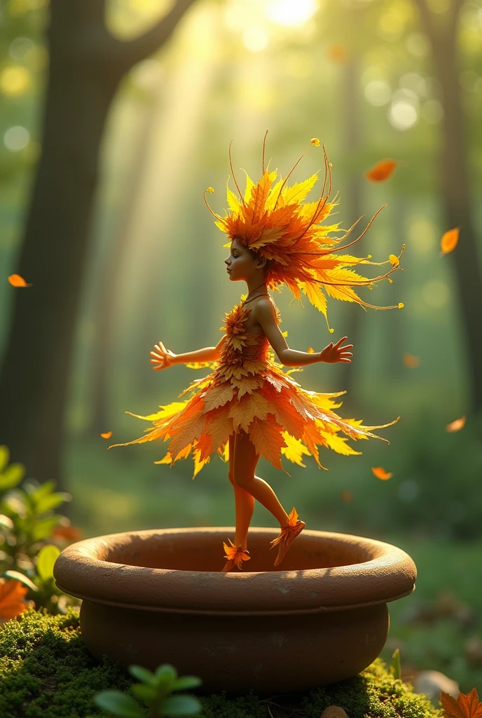 A whimsical miniature figure composed of delicately arranged autumn leaves, poised in a carefree dance on the rim of a weathered, moss-covered terracotta pot, set against a lush, vibrant forest backdrop, where dappled sunlight filters through the canopy above, casting intricate shadows. The overall aesthetic is ethereal, with warm, earthy tones of sienna, umber, and olive green, infused with hints of emerald and golden light, evoking a sense of wonder and enchantment, as if plucked from a fantastical realm.
Prompt 2A human like figure rinade of leaves dancing on a pot, forest rain background