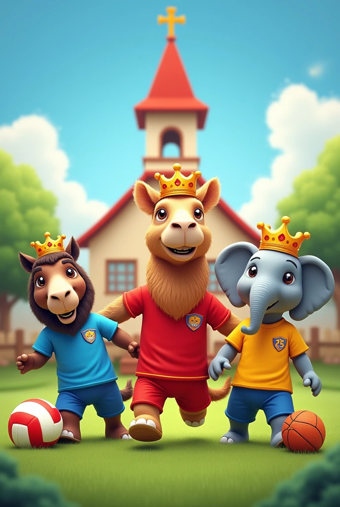 Poster of three animals with crowns playing in front of a village church ,with green grass, a horse in a blue uniform and a volleyball, a camel in a red uniform and his soccer ball and an elephant in a yellow uniform and his basketball , wearing the number 25 on the jersey