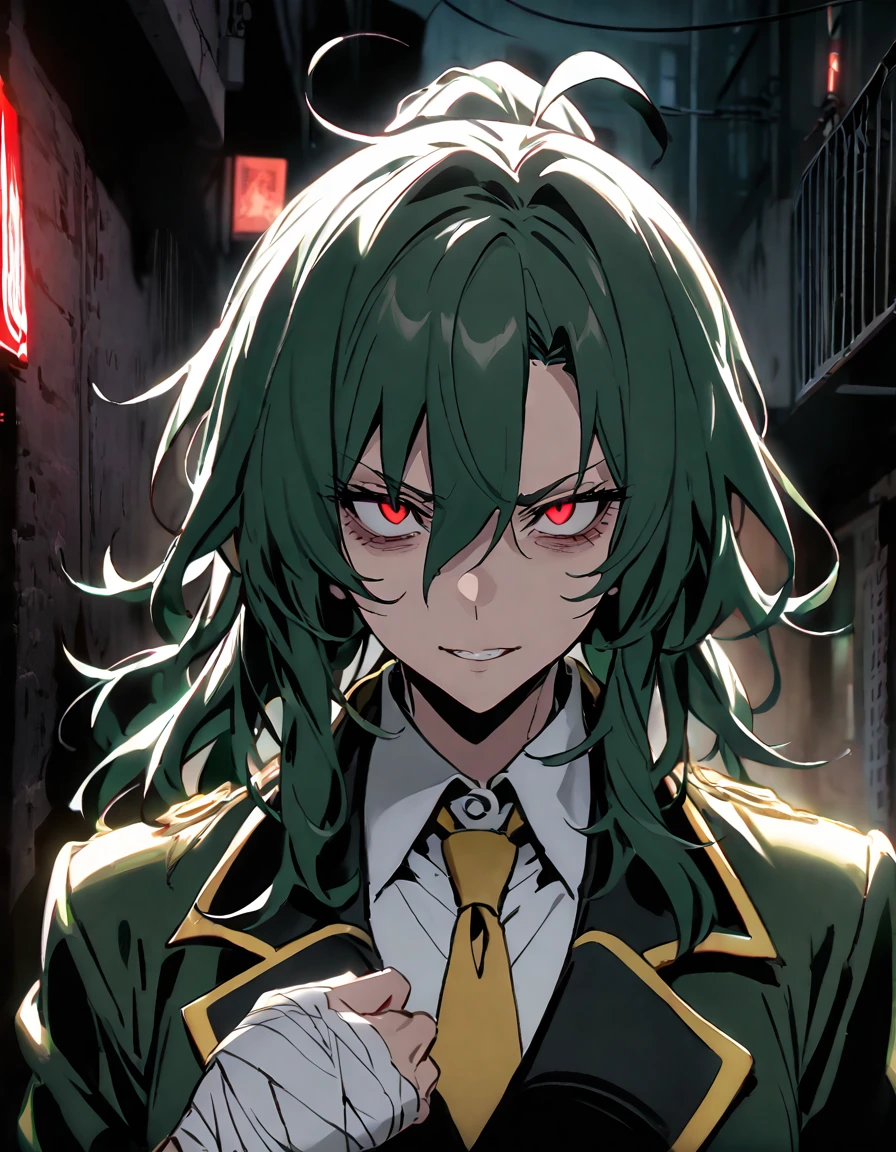 mature, Crimson eyes, bloodshot eyes, looking at viewer, female, very dark alley background, messy hair, black shoulder-length hair, ponytail, parted lips, hair between eyes, ahoge, tired eyes, bags under eyes, glowing eyes, dark, bandages around her hands, night, emotionless, frown, smirk, dark green jacket with golden accents, Underneath the jacket a white shirt with a yellow tie and black slacks, monocle