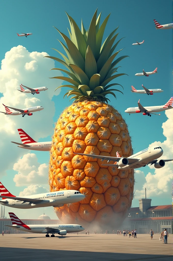 The big fruit pineapple that surround of airplane, and showing of hospitality