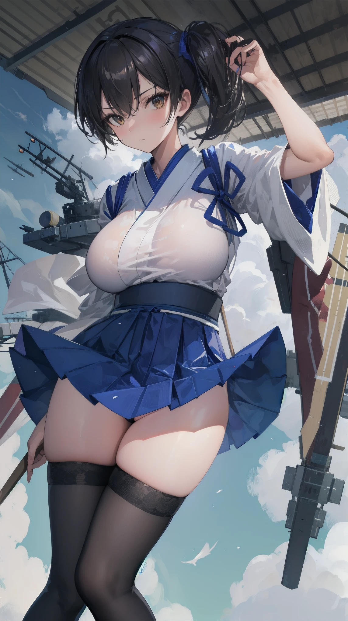 Kaga(Fleet Collection),highest quality, masterpiece, High resolution,kimono,blue skirt,side ponytail,big_breasts,large_thighs,thigh-highs,plump,hold_Japanese_bow,(angry:0.7)