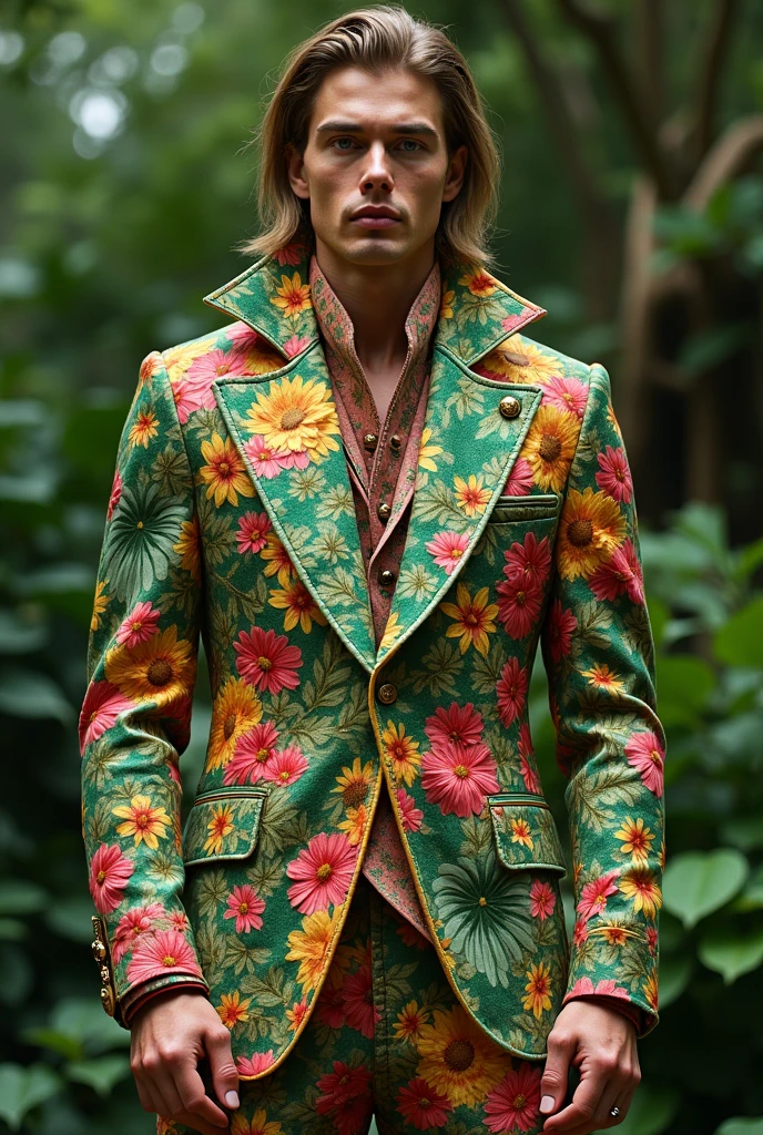 Believe me 1 male outfit of the spring season/summer, that is inspired by flowers and plants, that is extravagant, full body