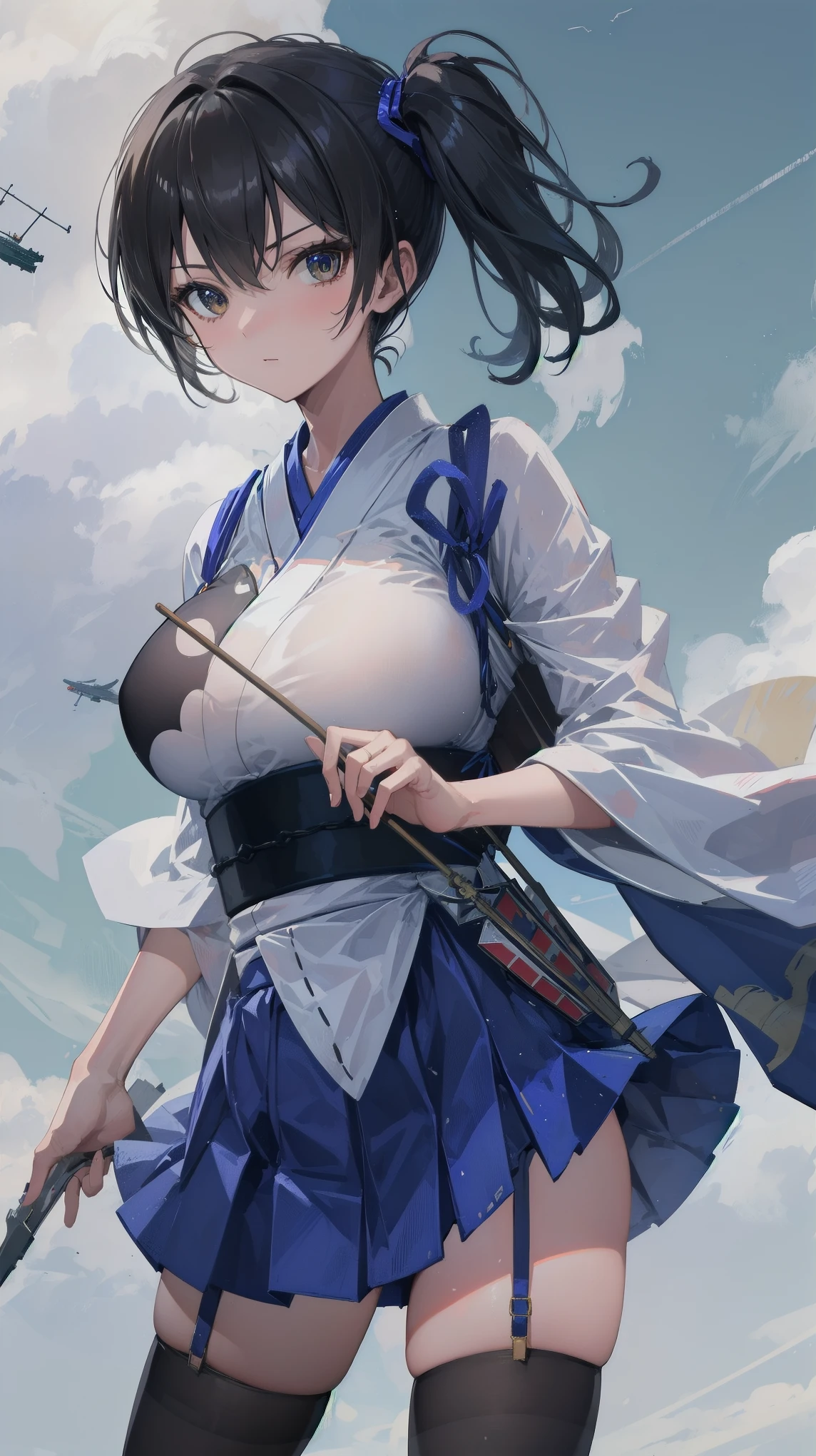 Kaga(Fleet Collection),highest quality, masterpiece, High resolution,kimono,blue skirt,side ponytail,big_breasts,large_thighs,thigh-highs,plump,hold_Japanese_bow,(angry:0.7)