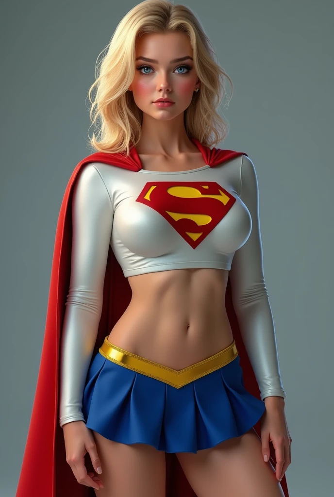 very very busty breasts in the world, full view of A SEXY AGE FEMALE WITH DARK BLUE EYES AND MEDIUM MESSY GOLDEN BLONDE HAIR WEARING A CLASSIC WHITE SUPERGIRL LONG SLEEVED CROP TOP COSTUME, A SHORT BLUE PLEATED SKIRT WITH A YELLOW SUPERGIRL BELT, RED HIGH HEELED SUPERGIRL BOOTS, AND SHORT RED SUPERGIRL CAPE WITH YELLOW TRIM. , incredibly detailed skin and eyes, seductive poses, 8K resolution, masterpiece, ultra-detailed, realistic, photo-realistic, vivid colors, dramatic lighting,