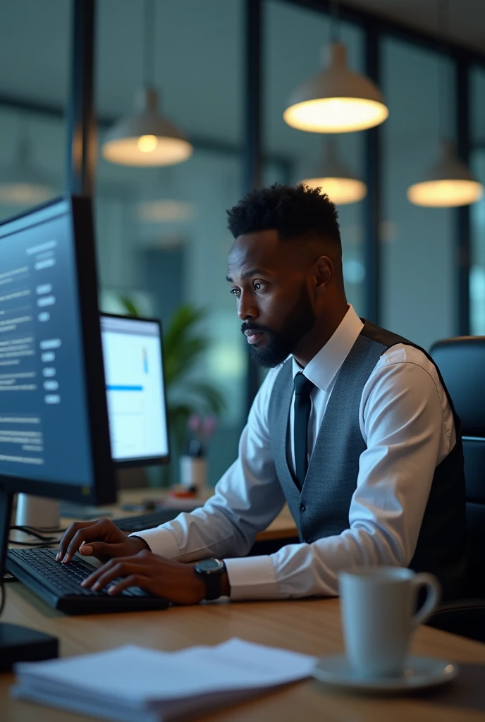 An Ethiopian black man siting on the table in the office working and arranging many transaction payments on his computer that is visible to us, the transaction payments are clearly visible for us and they also are in the team and have payment transfer detail transaction on their computer