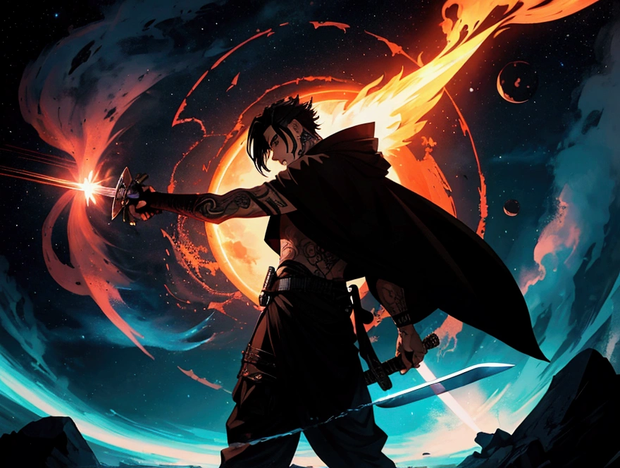 Character with tattoos with his sword in his hands on fire with a black hole in the background