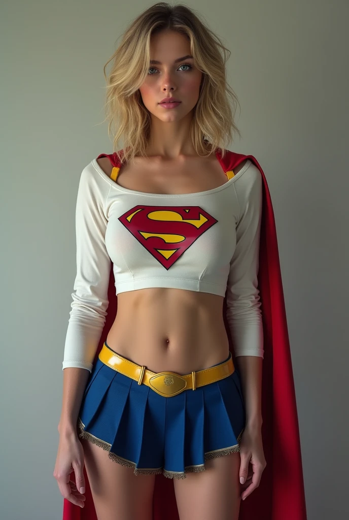 very very busty breasts in the world, full view of A SEXY AGE FEMALE WITH DARK BLUE EYES AND MEDIUM MESSY GOLDEN BLONDE HAIR WEARING A CLASSIC WHITE SUPERGIRL LONG SLEEVED CROP TOP COSTUME, A SHORT BLUE PLEATED SKIRT WITH A YELLOW SUPERGIRL BELT, RED HIGH HEELED SUPERGIRL BOOTS, AND SHORT RED SUPERGIRL CAPE WITH YELLOW TRIM. , incredibly detailed skin and eyes, seductive poses, 8K resolution, masterpiece, ultra-detailed, realistic, photo-realistic, vivid colors, dramatic lighting,