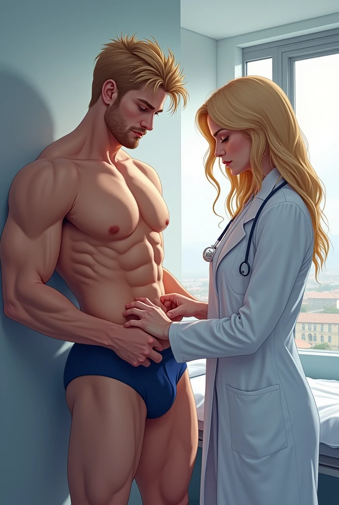 Female doctor examining the groin of a strong, hairy blond man in navy blue underwear.