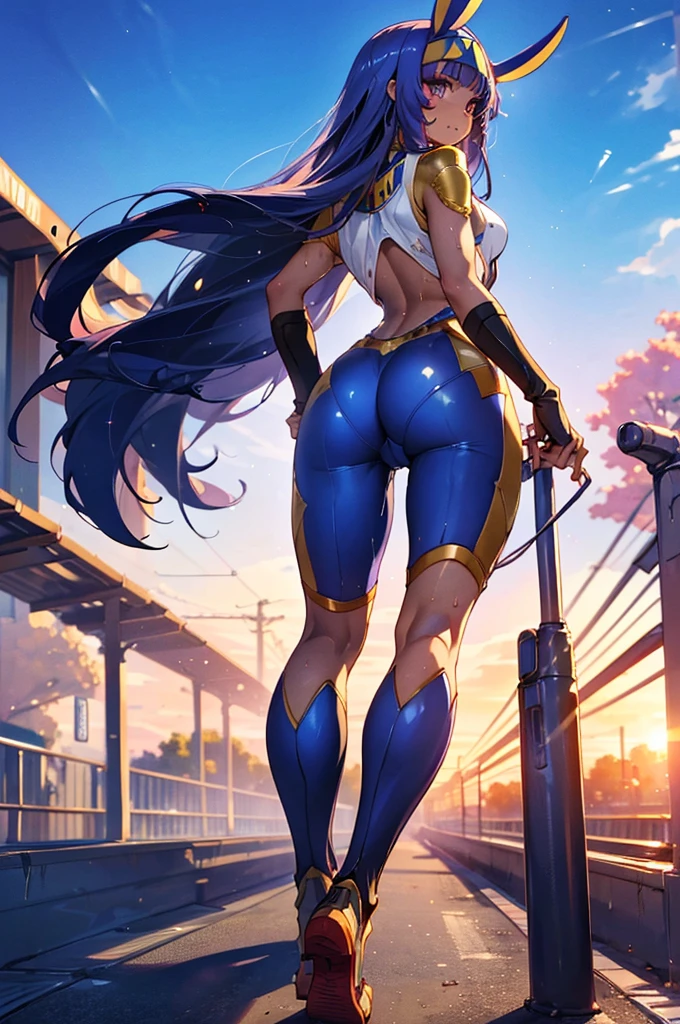 handを挙げてSweatばむ脇を見せる,Nitocris,Nitocris(destiny), 1 person,(masterpiece:1.2),(Highest quality),(Super detailed:1.2),(High resolution),(Highest quality),(An illustration),8k,Cinema Lighting,(Written boundary depth),(Sophisticated lighting:1.2),Rear view of a woman riding a bicycle,(Racing Suits),(Racing Gloves),((Remember)),((Butt)),(Sweat),(hand,detailed,perfection,perfectionion,hands),(Take the train), Spread your armpits