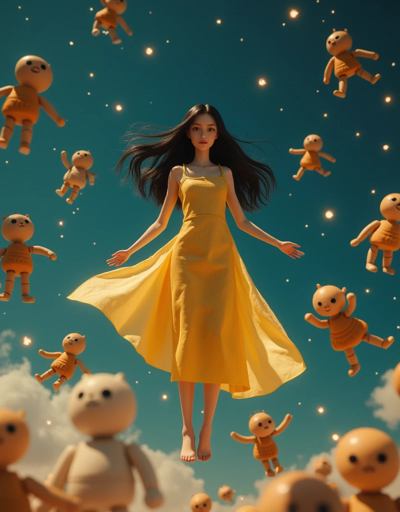 A beautiful 26-year-old girl with straight long black hair is suspended in space in only a shiny yellow apron in the middle of a pile of homemade toys.. Excellent quality, high detail. 8k image, low angle. This shot is God's view
