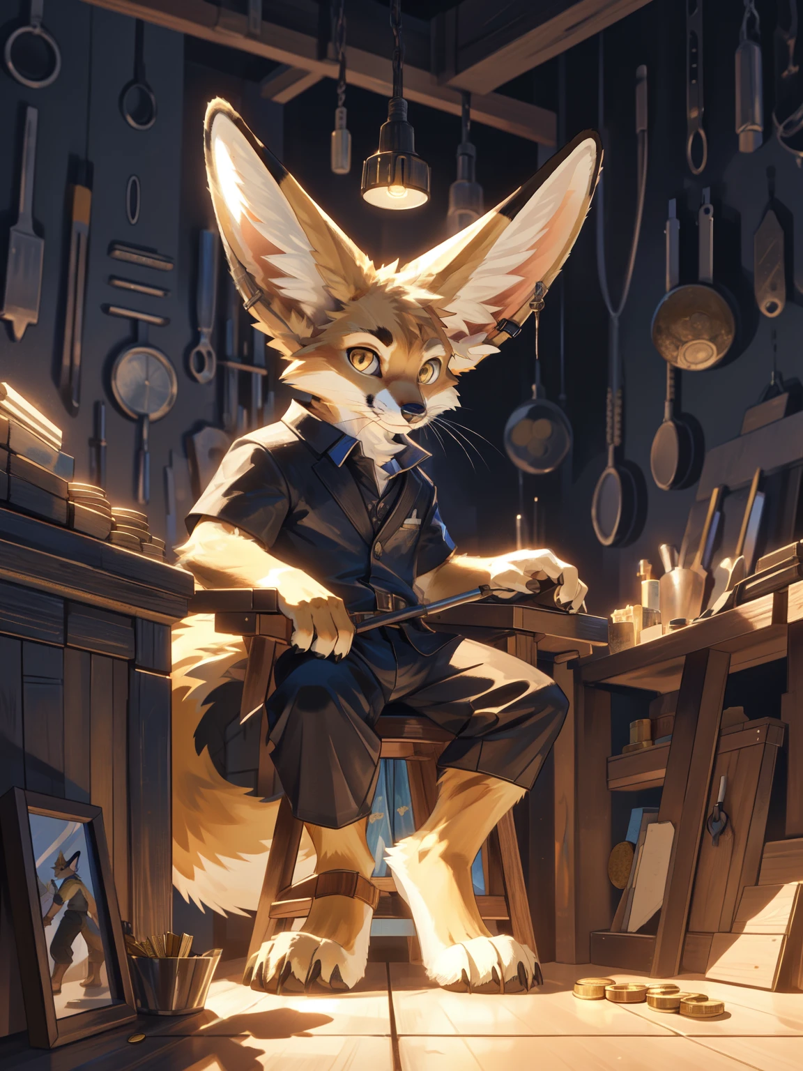 solo, anthro, furry, furry male, Fennec Fox, ((sleek fur, furry body)), (Fennec fox pattern), slender body, narrow shoulders, furry tail, golden eyes, (tan body), fox tail, Sitting in chair, working on traps, messing with coins, standard tinkers clothes, artificer like clothes, wrenches and tools on hip, facing viewer, Detailed eyes, Detailed face, Detailed character, masterpiece, HD, 8k, workshop with traps hanging, heavy shadows, dynamic lighting,