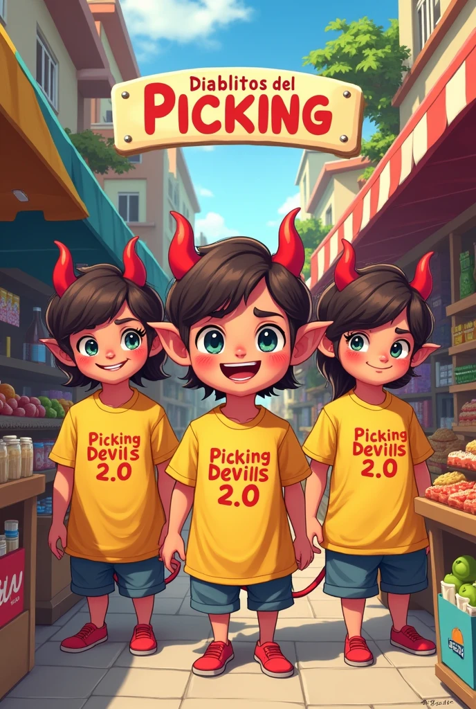 I want an image for work that has the phrase above "DIABLITOS DEL PICKING 2.0" that they are inside a free market type store and they are male and female devils who have a yellow shirt and that the shirt does not have a logo and that it says on top in big letters PICKING DEVILS 2.0" and it looks kawaii
