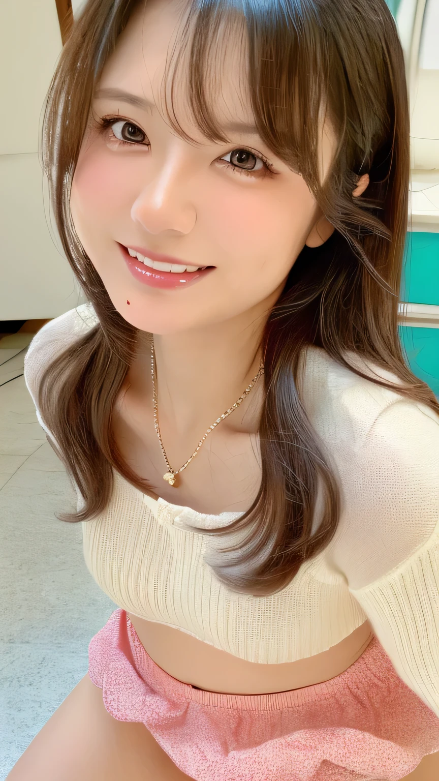 (masutepiece: 1.3), (max resolution: 1.2), (Ultra HDTV: 1.2), cinematric light, Ultra HDTV, (Detailed eyes and skin), (detailed facial features), nffsw, 8K resolution, Sharp Focus: 1.2, Perfect Style, Beautiful face, Perfect body, precise, Anatomically correct, Highly detailed face and skin texture, Detailed eyes, Dark-blue eyes, Double eyelids, Thin eyebrows, glitter eyeliner: 1.2, Natural cheeks, Glossy skin, Fair skin: 1.2, shiny little necklace and earrings, (Glossy lips: 1.4), BREAK, One-person viewpoint, (She is a very cute female teacher), (Pink lace panties), (Seductive smile: 1.2), ((a Innocent and cute girl:1.3)), (Long Wave Hair), (ligh brown hair:1.2), (Cowboy Shot: 1.2), BREAK, ((Very intimate relationships: 1.2)), medium large breasts, ((Looking at Viewer:1.2)), ((Hot spring trip:1.2)), ((Bend your knees and open your legs wide:1.2)), (From Side:1.2),low angle shot,FULL BODYSHOT Tight sweater with long sleeves in bright colors Tight denim mini skirt Embarrassed look Kamimei