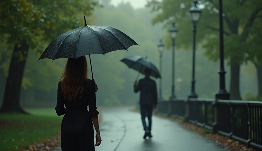 Final Scene: Years later, Ava returns to the same park. The camera slowly tracks her from behind, capturing her emotional return to this familiar place. In the distance, Noah appears, holding her old umbrella. Focus on the detail of the umbrella as it symbolizes the completion of their story. Their reunion is tender and heartfelt, with soft rain falling around them as they embrace. The rain, once again, is both a backdrop and a character in their reunion.