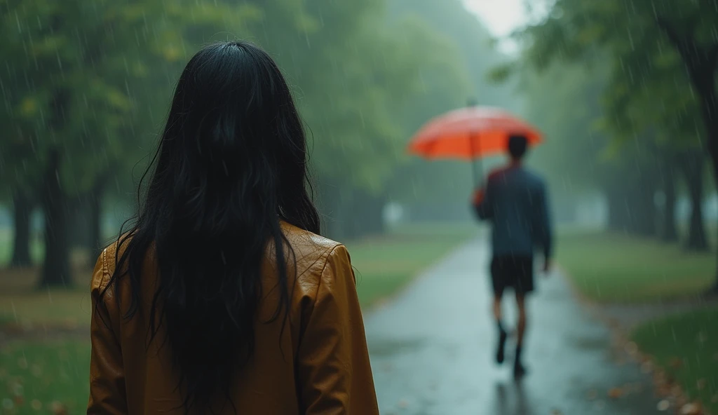 Final Scene: Years later, Ava returns to the same park. The camera slowly tracks her from behind, capturing her emotional return to this familiar place. In the distance, Noah appears, holding her old umbrella. Focus on the detail of the umbrella as it symbolizes the completion of their story. Their reunion is tender and heartfelt, with soft rain falling around them as they embrace. The rain, once again, is both a backdrop and a character in their reunion.