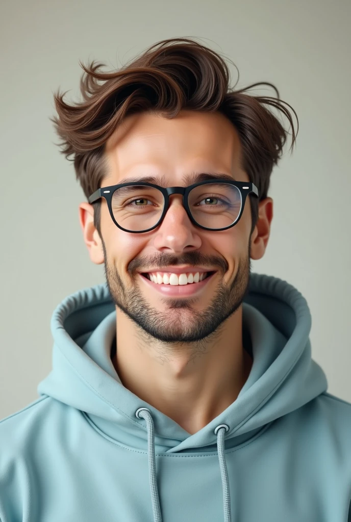 A brown-haired man with a sweet face and wearing glasses and a light blue hoodie. 