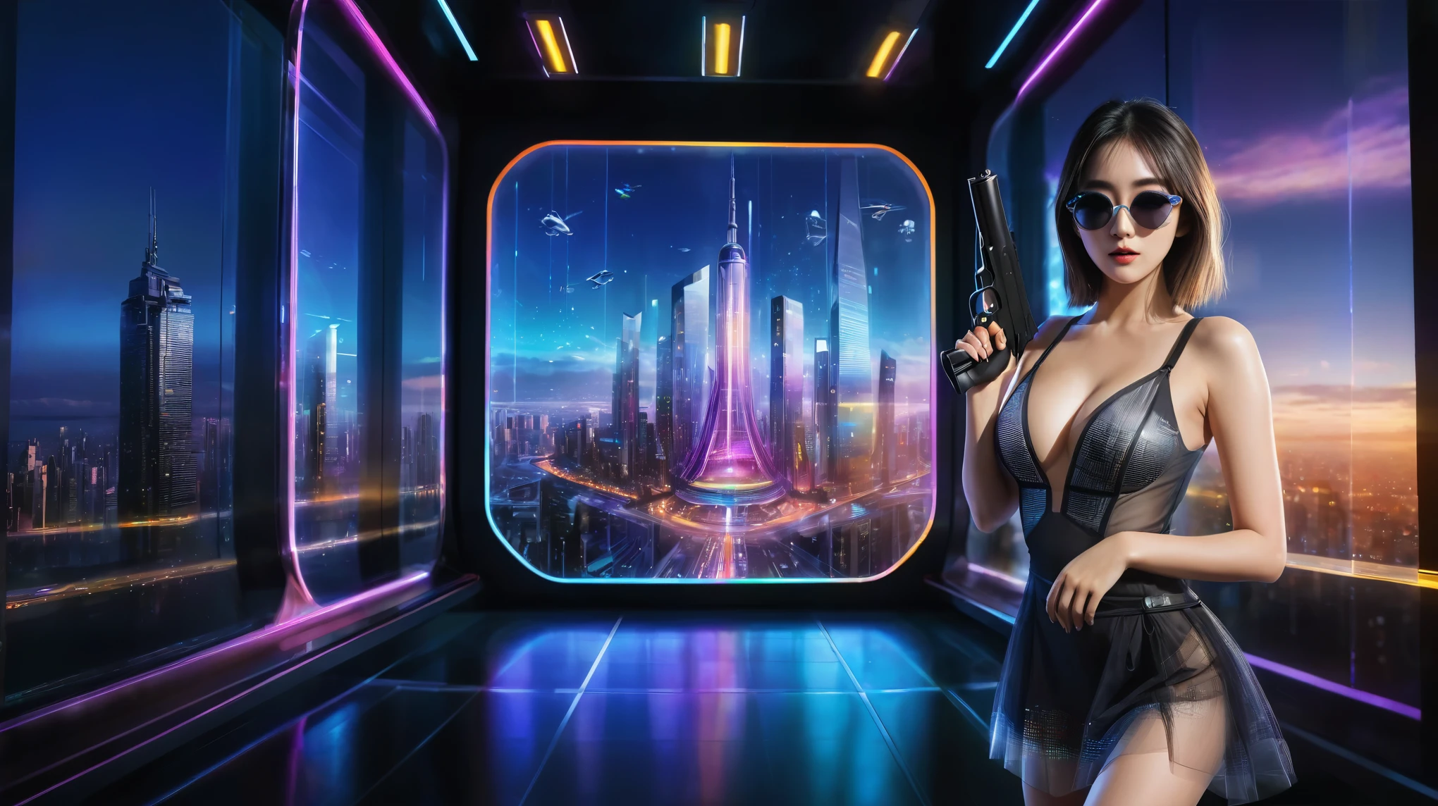 Futuristic cityscapes with colorful all-glass towering skyscrapers, flying vehicle, (futuristic teleporter). High-resolution OLED GUI interfaces in the building, The windows are filled with transparent data visualization infographics that show it all, from weather patterns to traffic flow. Colors are saturated and vibrant. At night, (1girl, solo), photo realistic, medium-breast:1.lim body, slim face, deep-v cleavage, high-waist one-piece short tulle dress, (micro black sunglasses, holding a short gun), half-body thigh level medium shot, cinematic lighting, ray tracing.