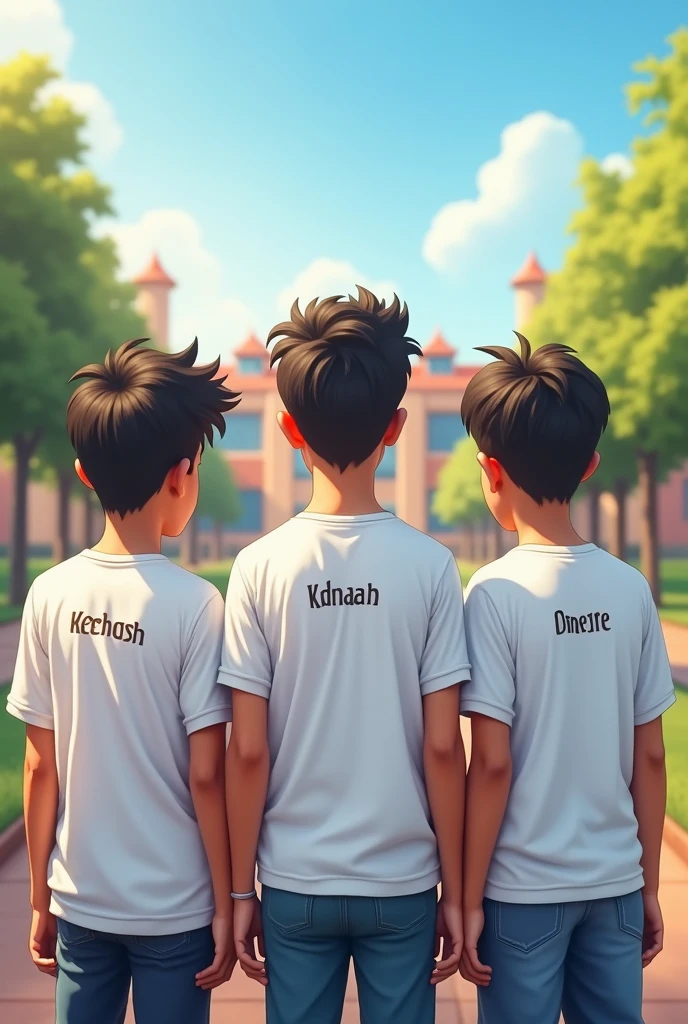 Youth students white t shirt boyes named in t shirt keshav , dinesh and avishek watching their beautiful collage named Bahradashi community campus 