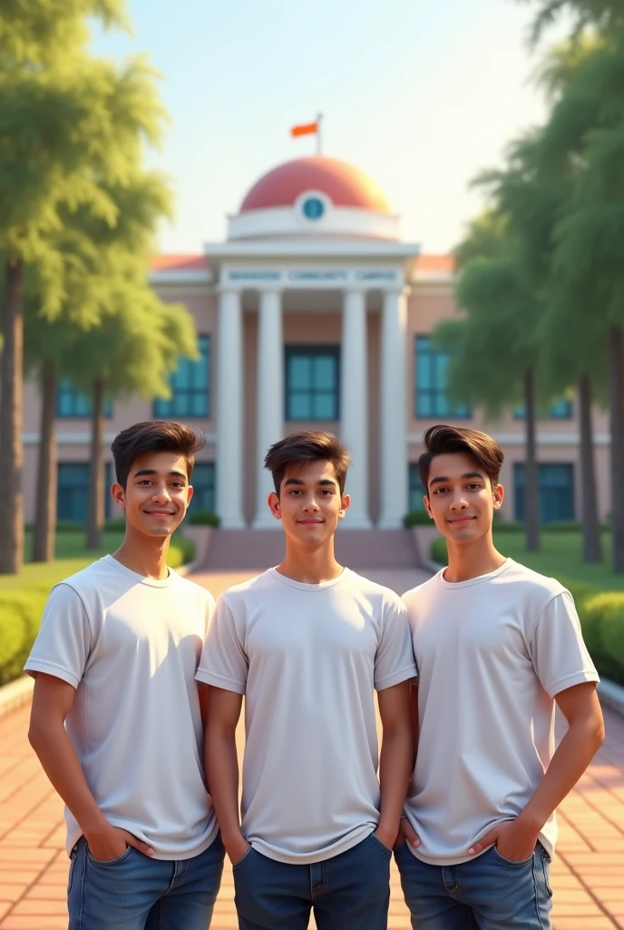 Youth students white t shirt boyes named in t shirt keshav , dinesh and avishek watching their beautiful collage named Bahradashi community campus