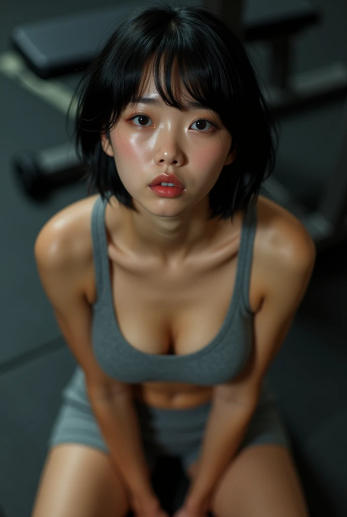 Japanese women、Big Breasts、G Cup、Cleavage、Wet with sweat、Wearing a grey sports bra、His crotch is hidden by grey shorts.、low length、Beauty、20-year-old、Black Hair、Bob Short Hair、round face、Beautiful Hair、Natural Arms、Natural Hands、Sitting on the gym floor at night、Embarrassed、Watching Me、I am looking at a woman from above、The whole thing is visible、You can see the bench press in the background.