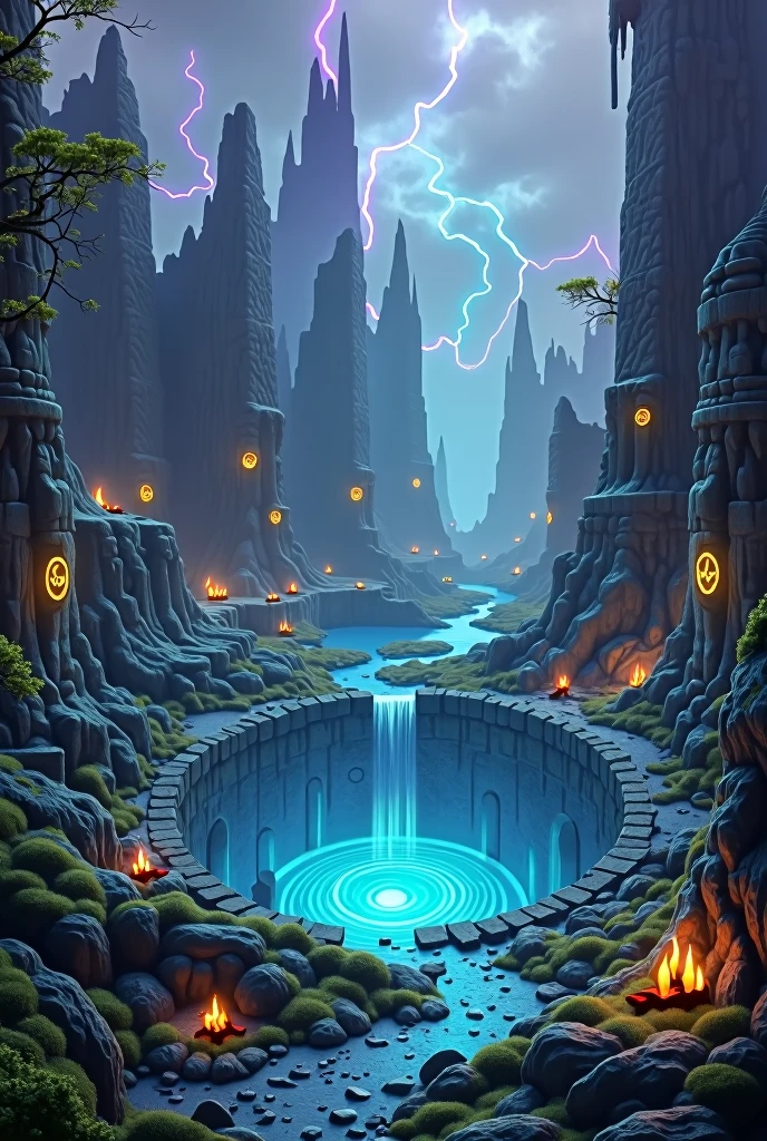 A mystical, fantasy sinkhole in a vibrant landscape, surrounded by ancient ruins and glowing magical symbols, with deep swirling fog and glowing lights emerging from the depths --ar 16:9 --v 5 --q 2 --style 4b