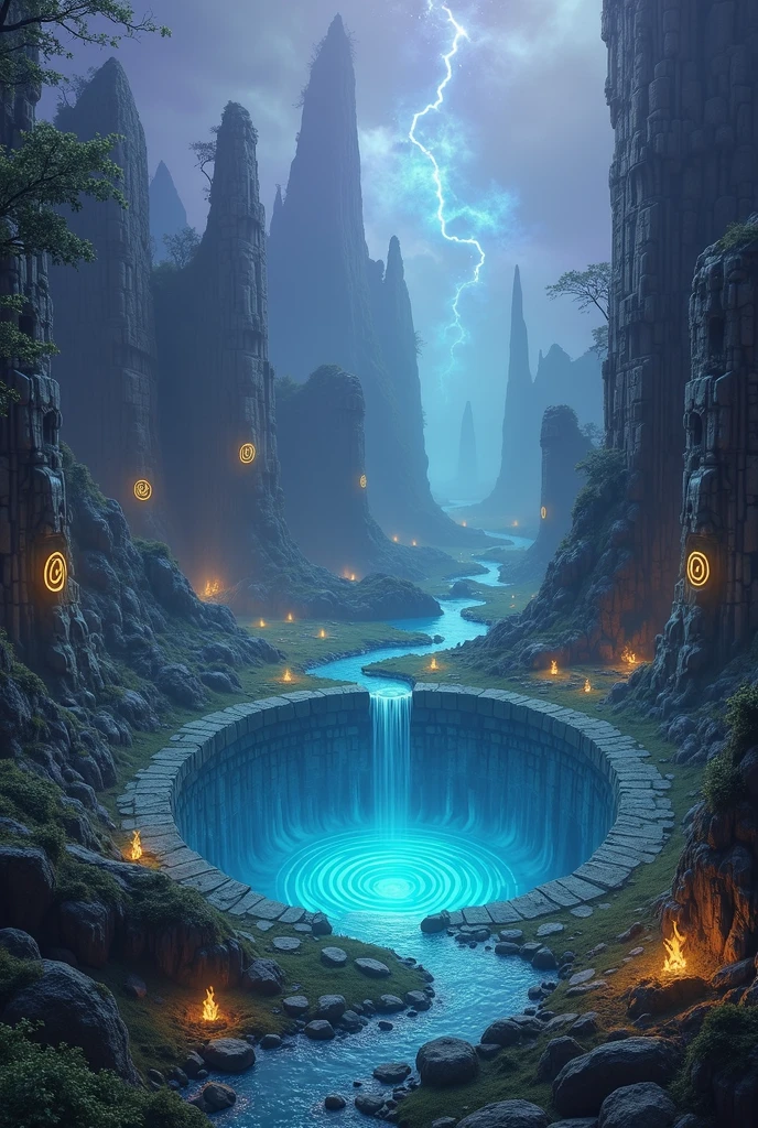 A mystical, fantasy sinkhole in a vibrant landscape, surrounded by ancient ruins and glowing magical symbols, with deep swirling fog and glowing lights emerging from the depths --ar 16:9 --v 5 --q 2 --style 4b