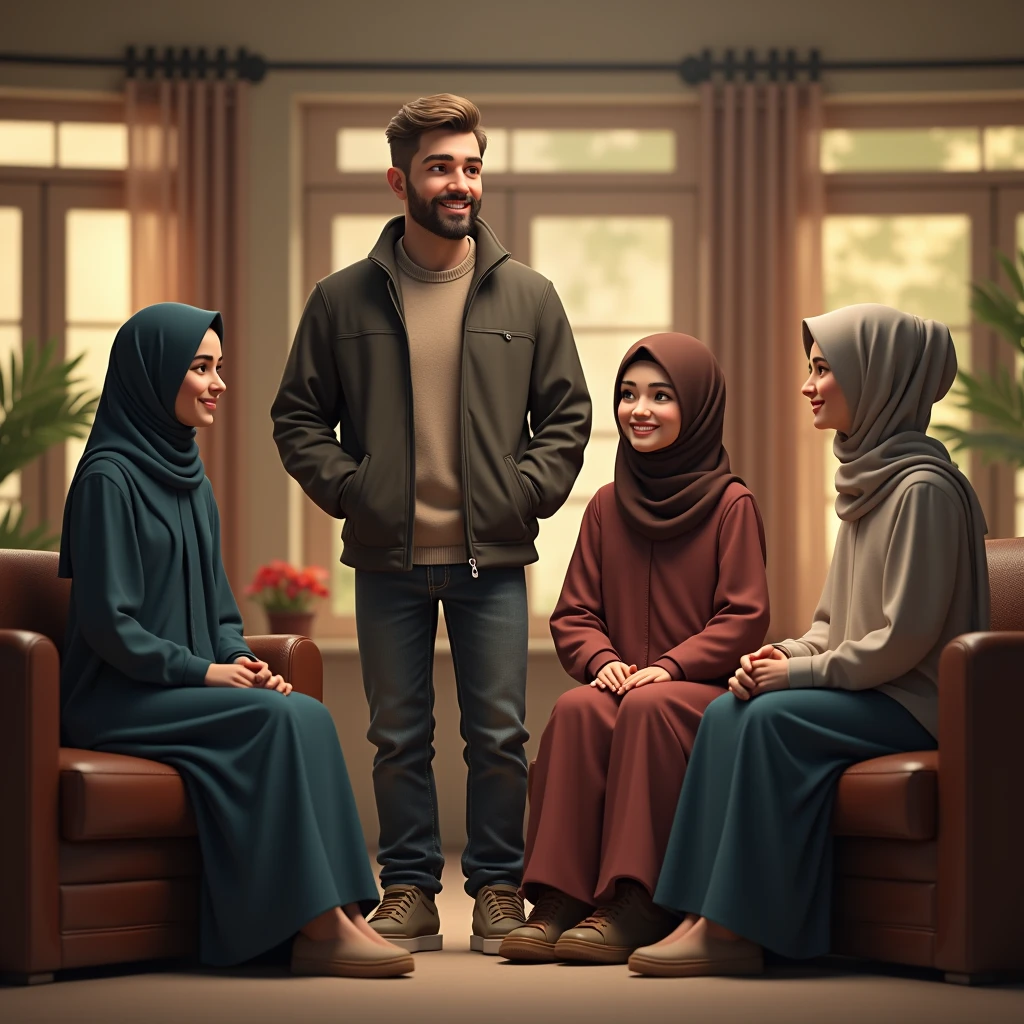 ((1 man standing), (2 man wear jacket sitting), (2 hijabbed woman sitting), (1 hijabless age girl sitting)), casual fashion, happy expression, white skin people, crowdless background, extreme detail, indoor, masterpiece, 4k, adult 3D character, proportional, cinematic lighting