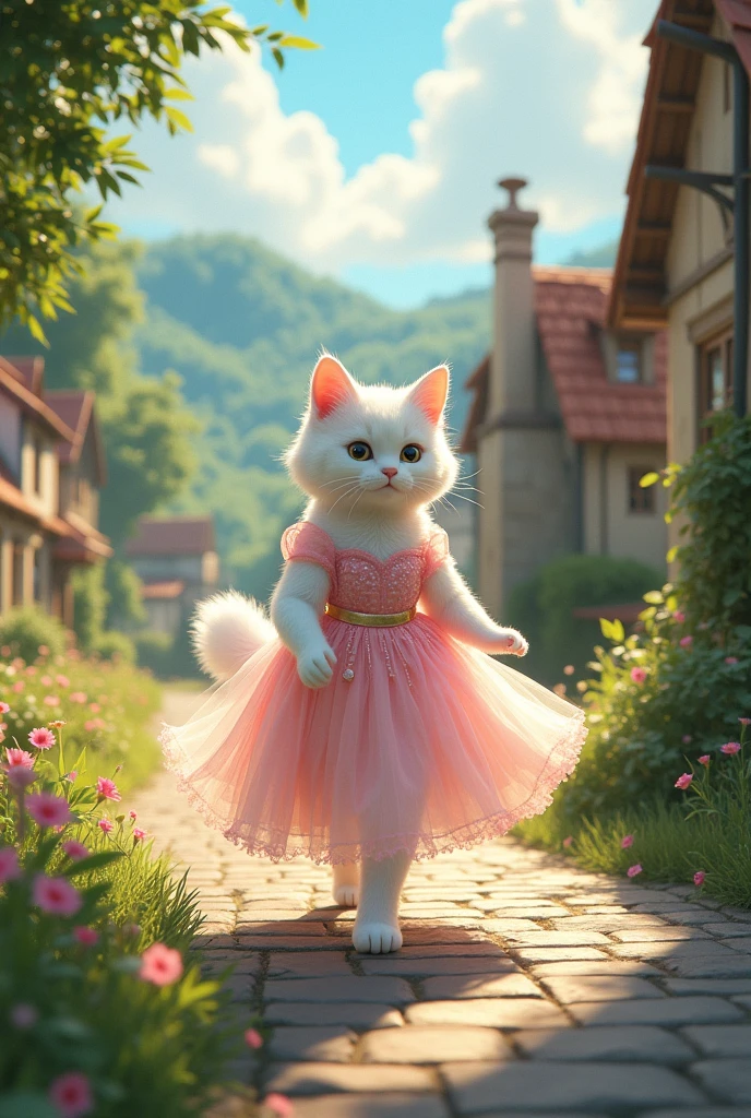 In a quaint little village, nestled amidst rolling hills and whispering forests, there was a white cat named Lily. From afar, you could see her gliding down the cobblestone path, her fur as pure and white as freshly fallen snow, almost glowing in the sunlight. But what truly caught your eye was the dress she wore—a delicate pink gown that shimmered like a dream, catching the light with every graceful step she took.