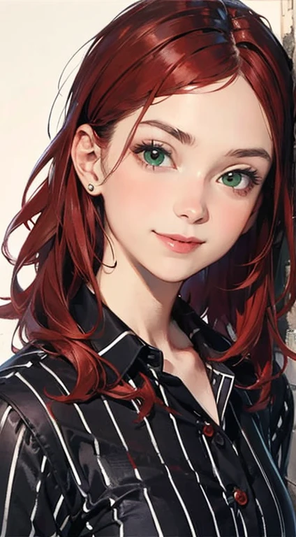 ((style of ____)), 1girl, red hair, medium hair, green eyes, smile, striped blouse, portrait
