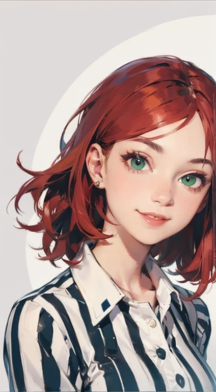 ((style of ____)), 1girl, red hair, medium hair, green eyes, smile, striped blouse, portrait